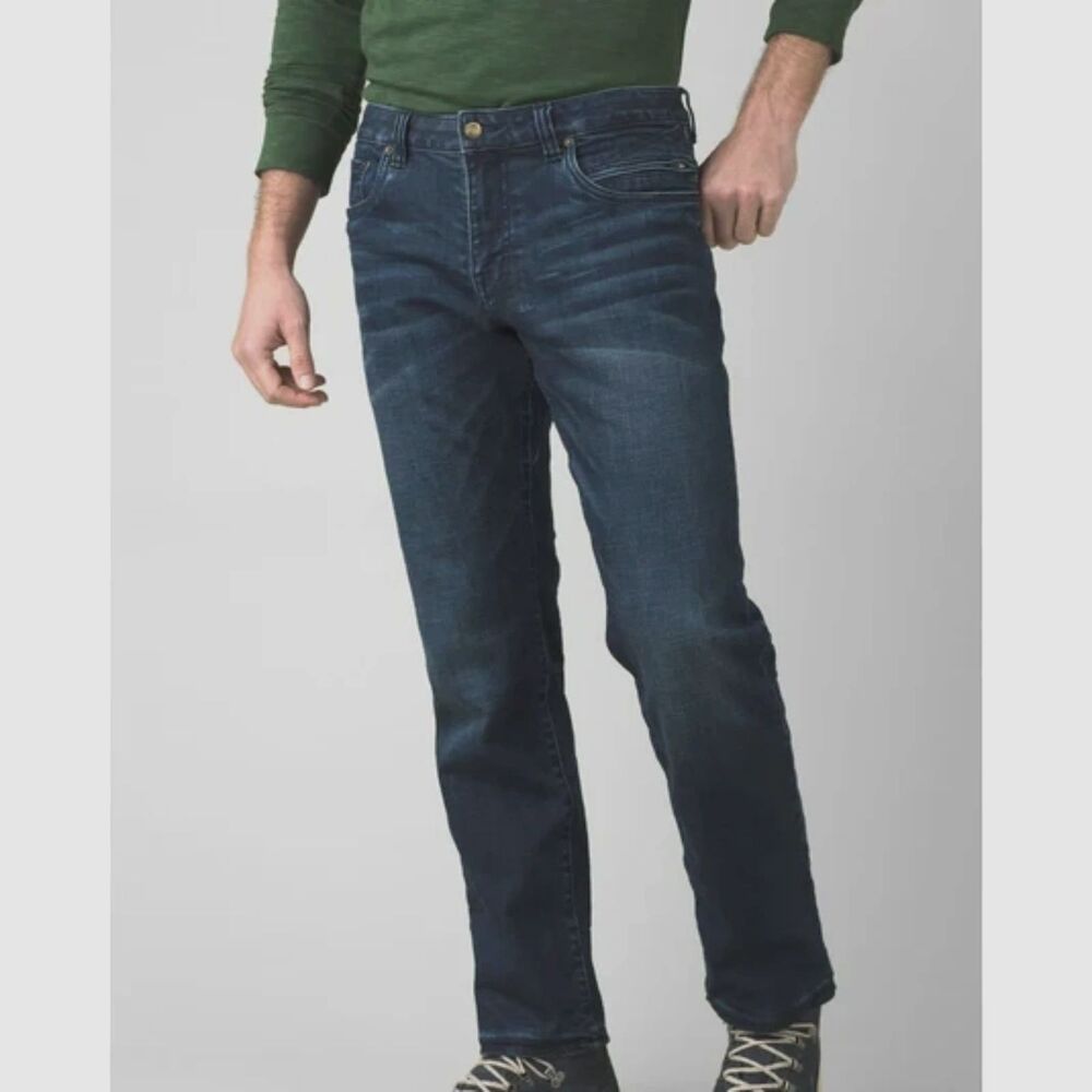 PrAna Jeans Hillgard Straight Leg Standard Fit Gusset Crotch Mens 36x30 Blue EUC